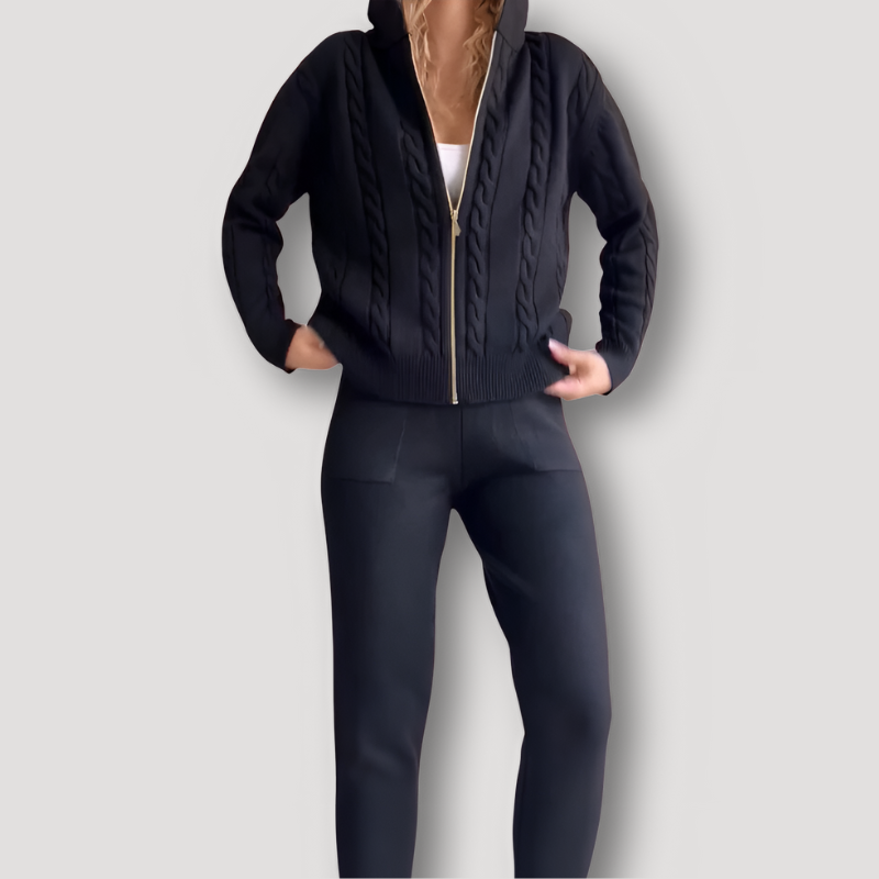 Cable Knit Zip Up Hoodies Legging Pants 2 Piece Sets