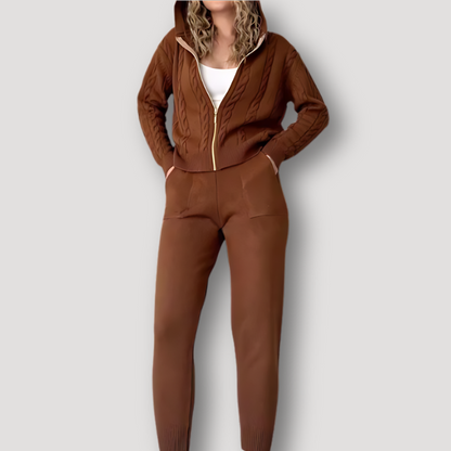 Cable Knit Zip Up Hoodies Legging Pants 2 Piece Sets