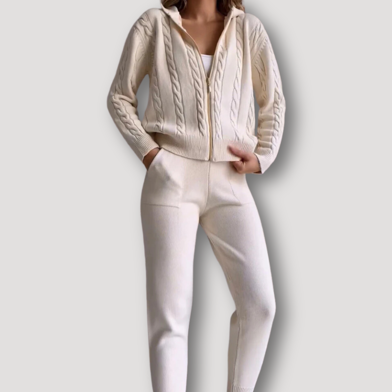 Cable Knit Zip Up Hoodies Legging Pants 2 Piece Sets