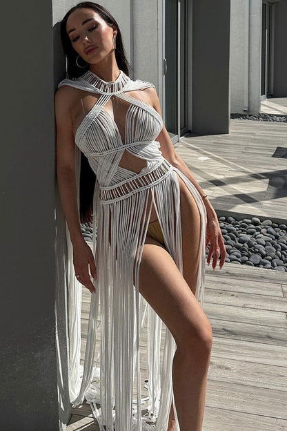 Elegant Crochet Fringe Maxi Dress Women – White – Cutout Cape Beach Style One Size