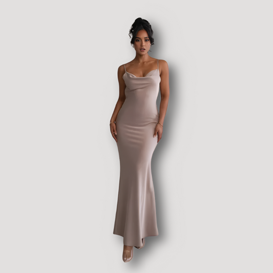 Cowl Neckline Draped Silky Bodycon Backless Maxi Evening Dress Australia