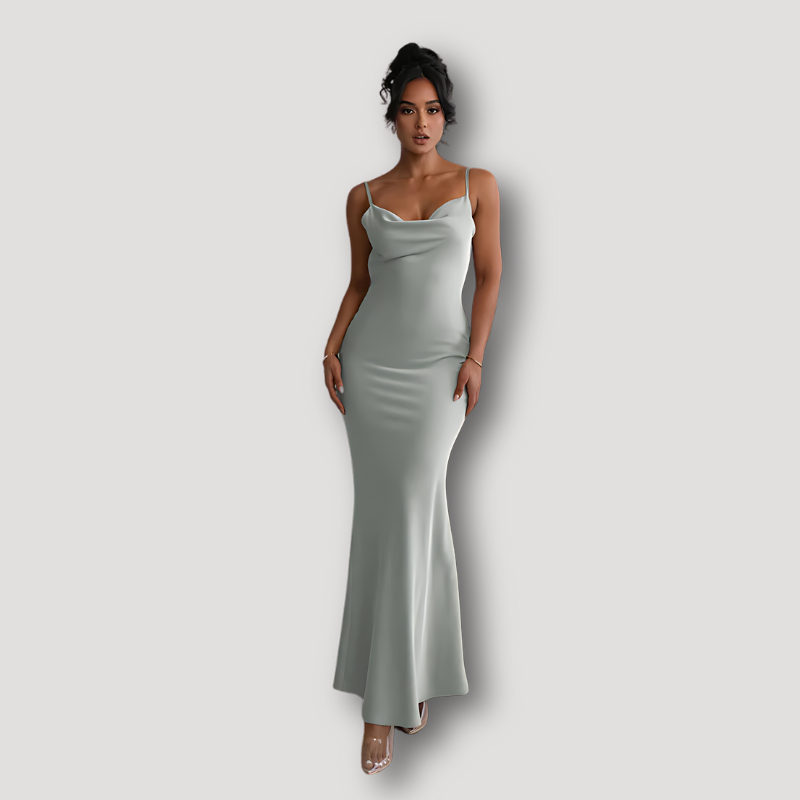 Cowl Neckline Draped Silky Bodycon Backless Maxi Evening Dress Australia