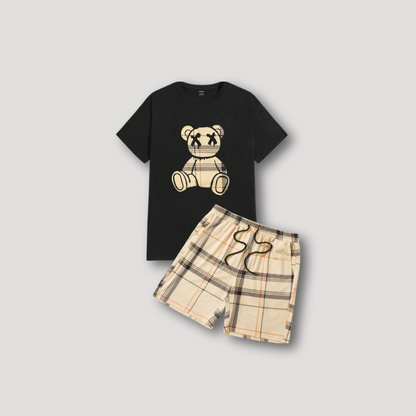 Teddy Bear Graphic T Shirt and Plaid Shorts Summer 2 Piece Sets