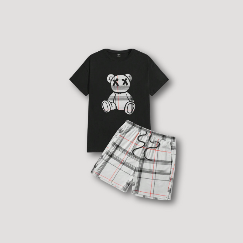 Teddy Bear Graphic T Shirt and Plaid Shorts Summer 2 Piece Sets