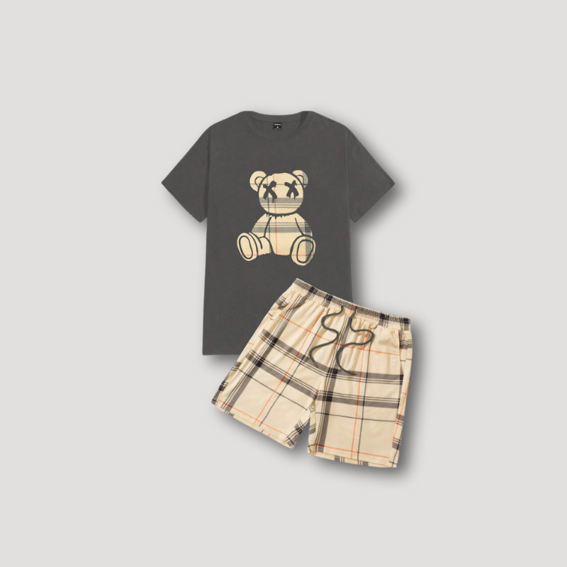 Teddy Bear Graphic T Shirt and Plaid Shorts Summer 2 Piece Sets