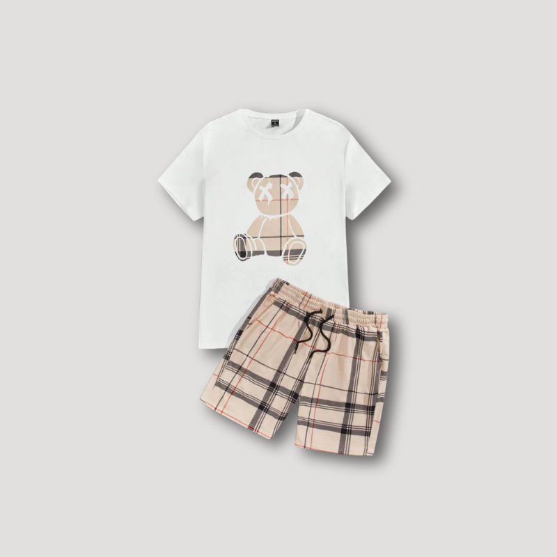 Teddy Bear Graphic T Shirt and Plaid Shorts Summer 2 Piece Sets