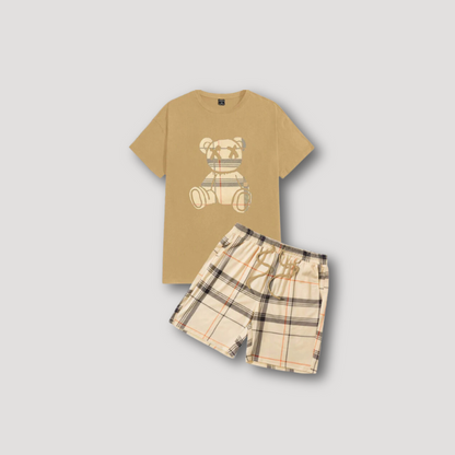 Teddy Bear Graphic T Shirt and Plaid Shorts Summer 2 Piece Sets