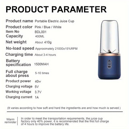 Portable USB Rechargeable Juicer Cup – 6 Blades - 21000 RPM - BPA-Free - 1800mAh