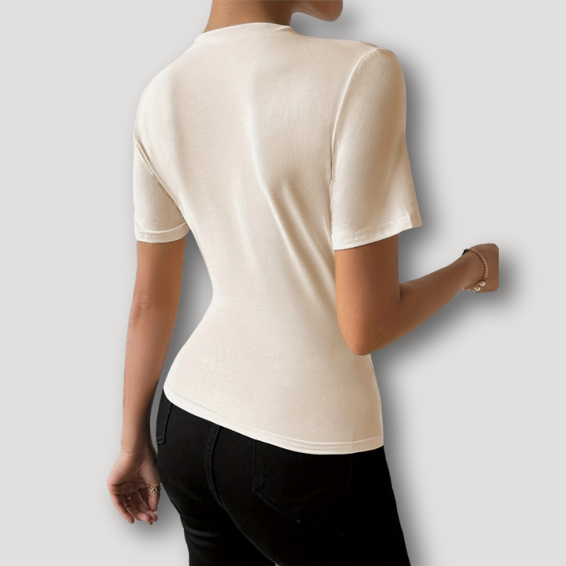 Casual Short Sleeve Ruched Mock Neck Slim Fitted Beige Top Women's