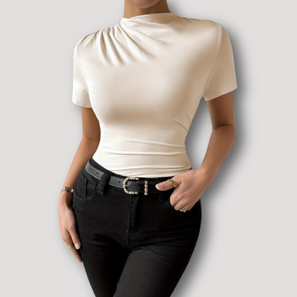 Casual Short Sleeve Ruched Mock Neck Slim Fitted Beige Top Women's