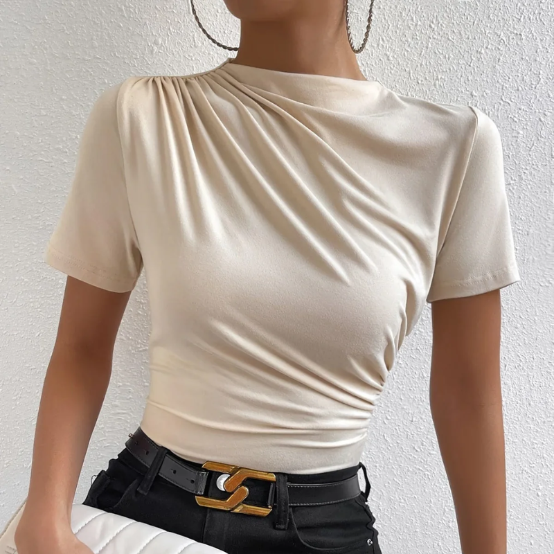 Casual Short Sleeve Ruched Mock Neck Slim Fitted Beige Top Women's