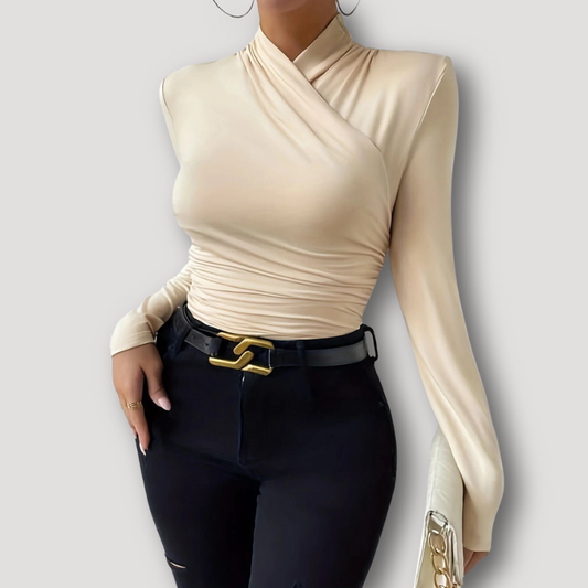 Beige Slim Fit Long Sleeve Crop Top Wrap Blouse Ladies