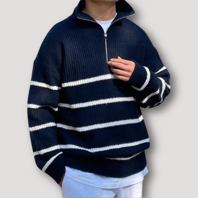 Quarter Zip White Striped Blue Knitted Sweater