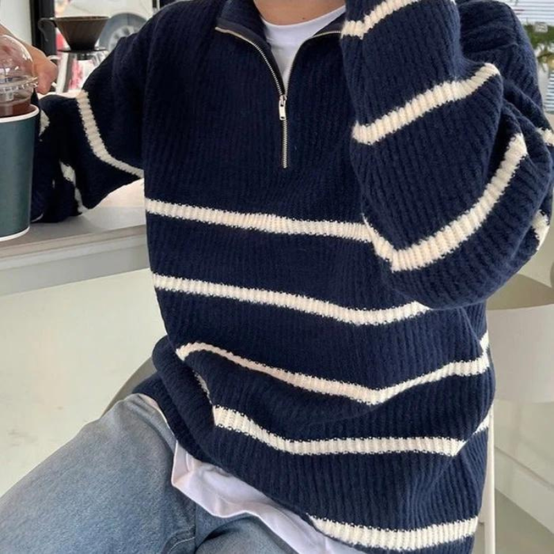 Quarter Zip White Striped Blue Knitted Sweater