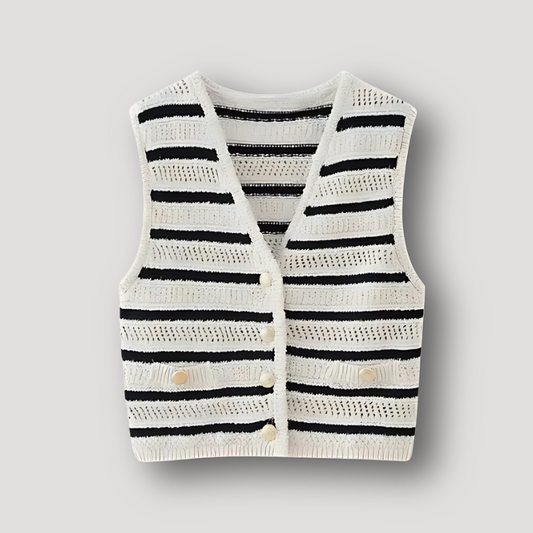 Black Stripe Hollow Out Cardigan Knitted Vest