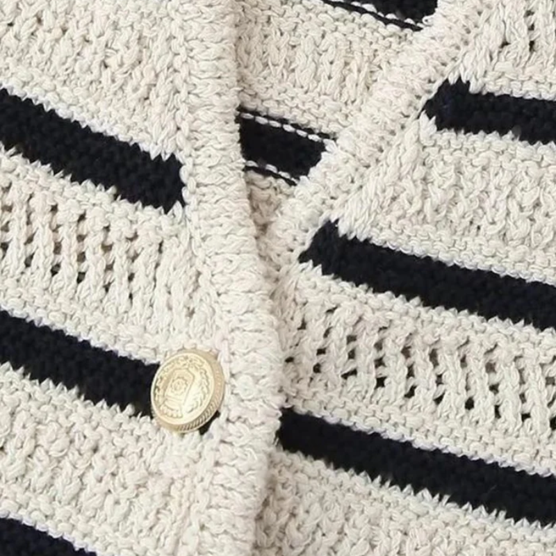 Black Stripe Hollow Out Cardigan Knitted Vest