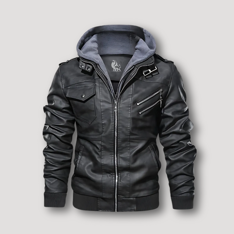 Buckled Stand Collar Motorcycle Leather Jacket With Hood Men