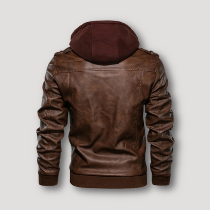 Buckled Stand Collar Motorcycle Leather Jacket With Hood Men