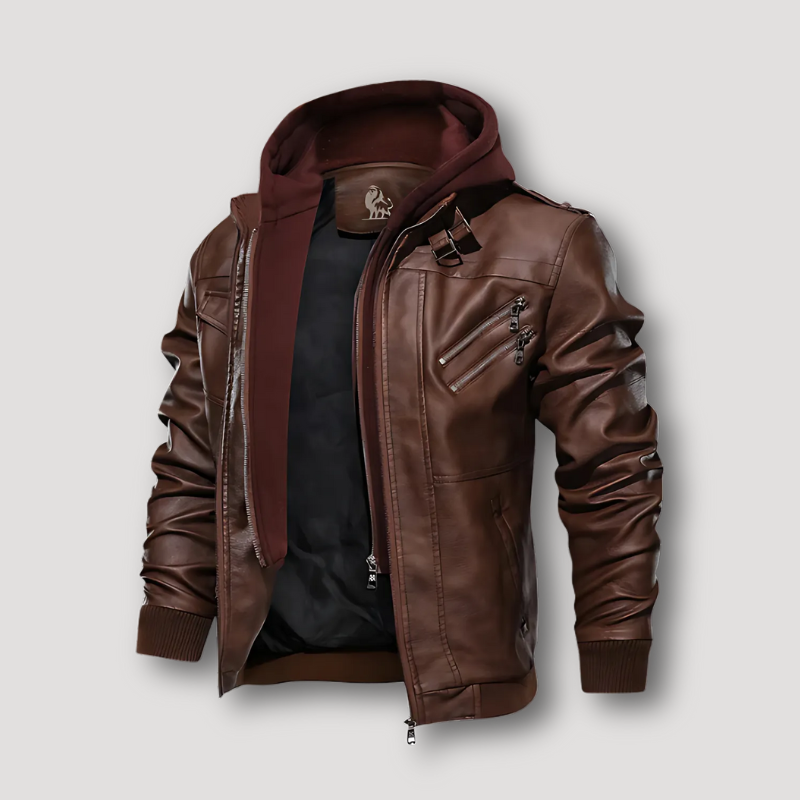 Buckled Stand Collar Motorcycle Leather Jacket With Hood Men