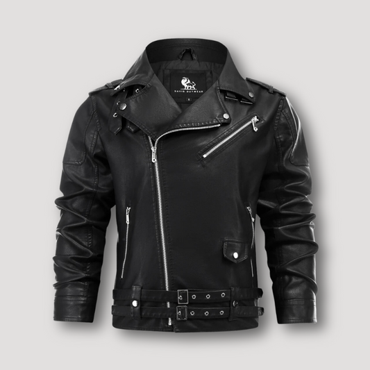 Adjustable Double Belt Hem Motorcycle Black Leather Jacket Men