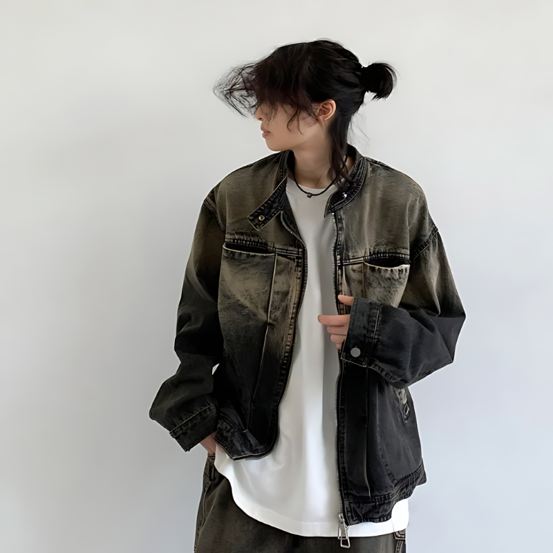 Faded Washed Zip Up Oversized Denim Jacket in Black