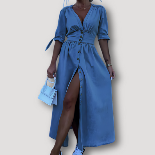 Half Sleeve Button Up Maxi Mid Blue Denim Stress Australia