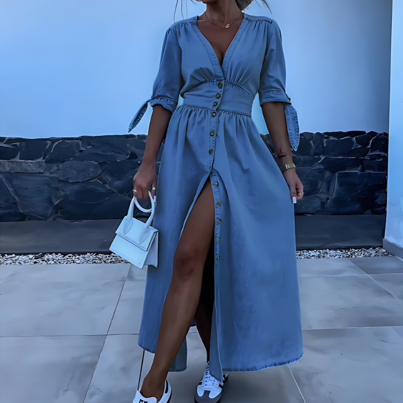 Half Sleeve Button Up Maxi Mid Blue Denim Stress Australia