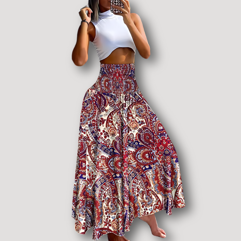 High Waisted Paisley Boho Style Flowy Maxi Skirt for Women