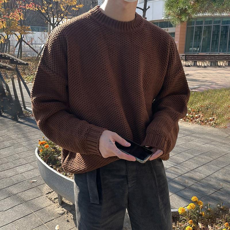 Waffle Pattern Brown Knit Sweater Oversized