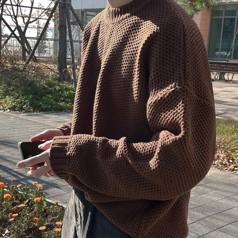 Waffle Pattern Brown Knit Sweater Oversized