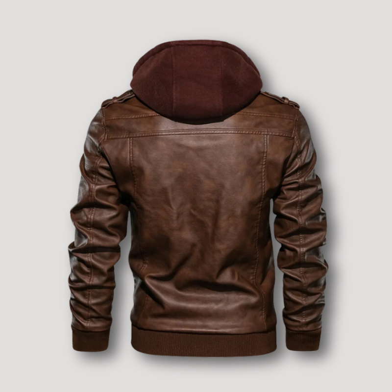 Buckled Stand Collar Brown Leather Jacket With Hood Men