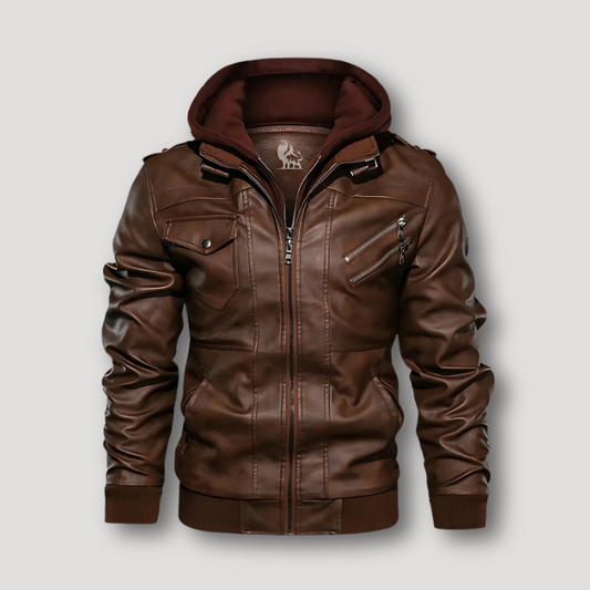 Buckled Stand Collar Brown Leather Jacket With Hood Men