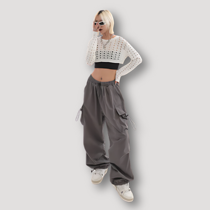 Grey Baggy Cargo Parachute Pants for Women