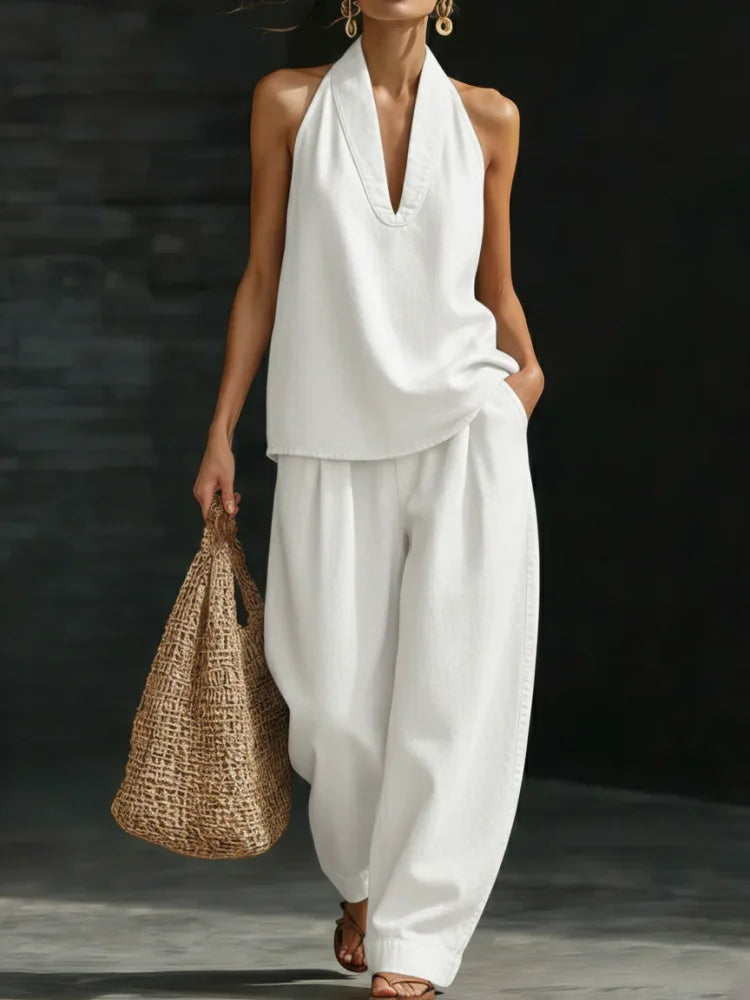 Minimalist Denim Two Piece Set Women – Cotton V Neck Top Wide Leg Pants