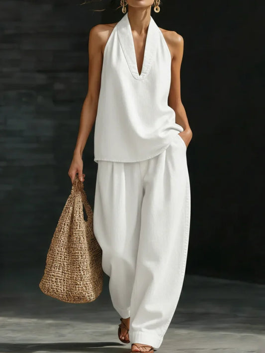 Minimalist Denim Two Piece Set Women – Cotton V Neck Top Wide Leg Pants