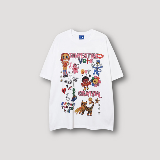 Fanyestore Convivial Cartoon Drawing Oversized Graphic Tees