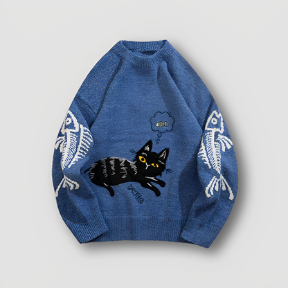 Fish Bone Kitten Sweater Crew Neck