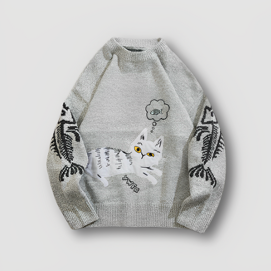 Fish Bone Kitten Sweater Crew Neck