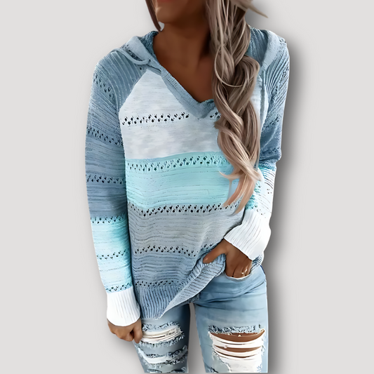 Color Block Crochet Hollow Out Striped Hooded Sweatshirt