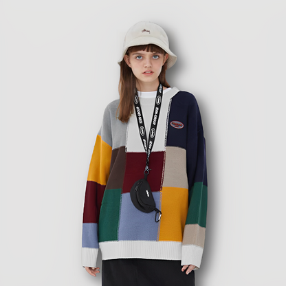 Color Blocked Stitching Patterns Knitted Sweater Oversized