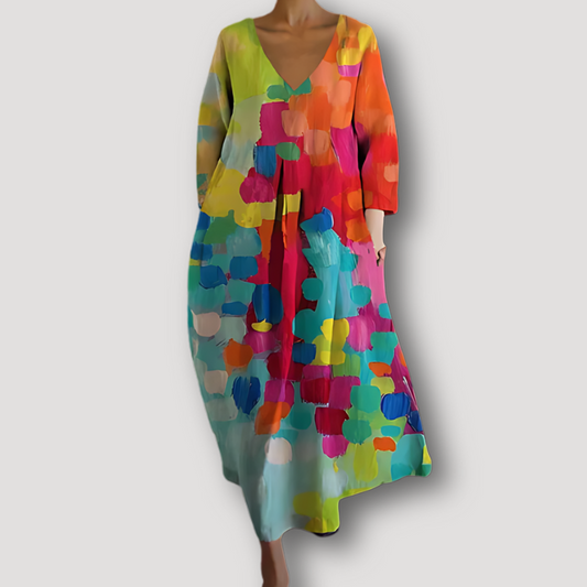 V-neck Abstract Brush Paint Boho Style Maxi Dress Australia