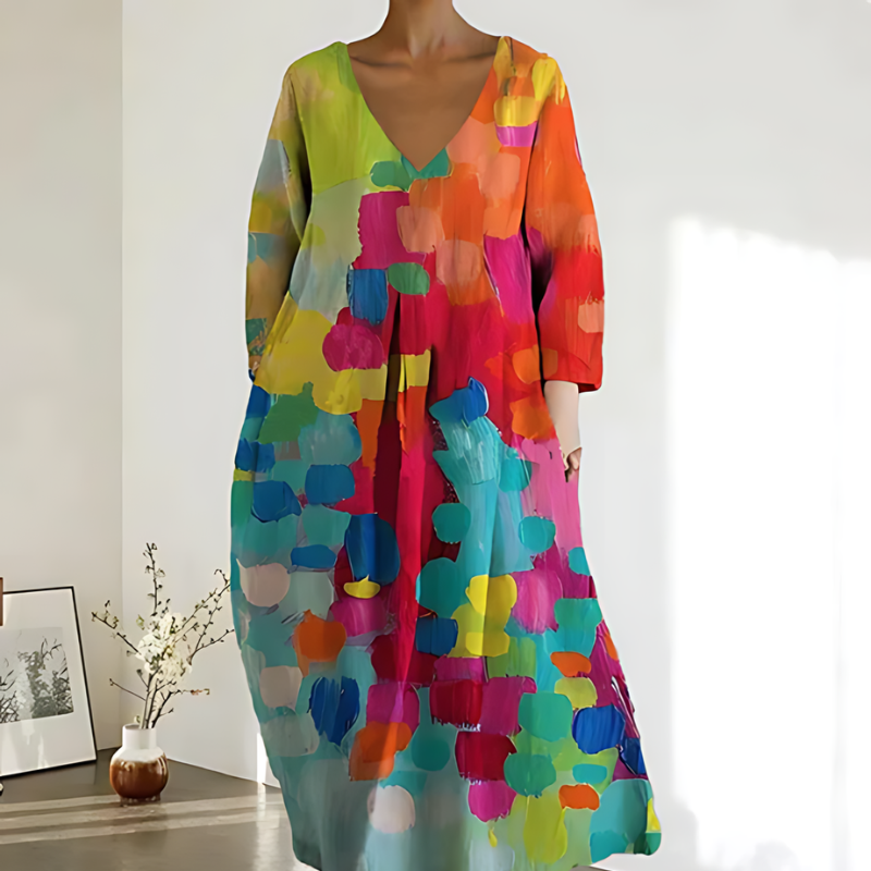 V-neck Abstract Brush Paint Boho Style Maxi Dress Australia