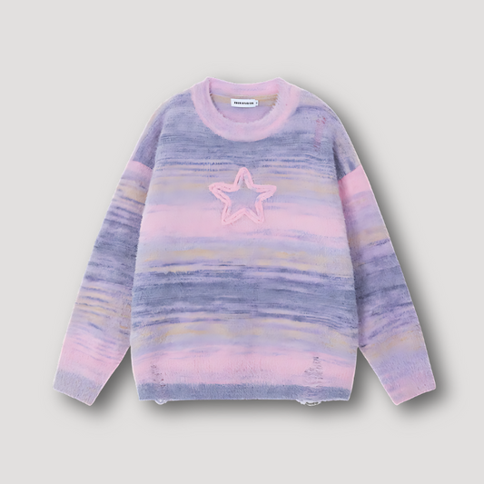 Star Embroidery Rainbow Color Oversized Knitted Sweatshirt