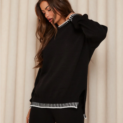 Two Piece Knitted Sweater Tops Wide Leg Pants Tracksuit Set