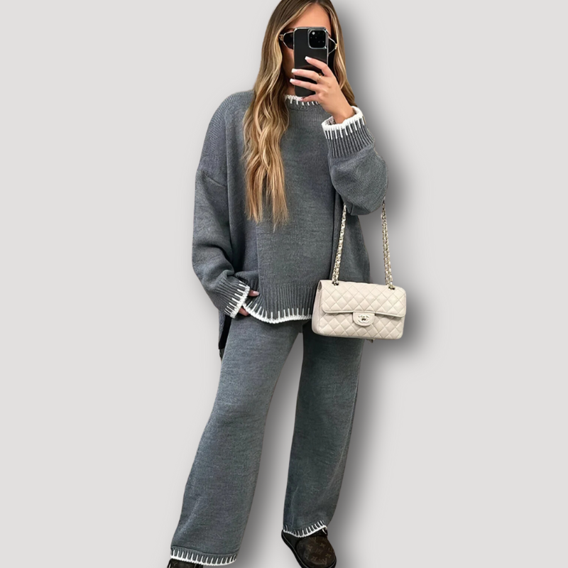 Two Piece Knitted Sweater Tops Wide Leg Pants Tracksuit Set