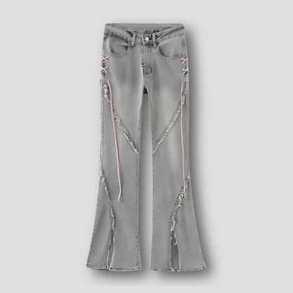 Grey Washed Lace Up Tassel Detailing Slit Hem Flared Jeans Ladies