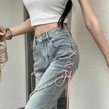 Grey Washed Lace Up Tassel Detailing Slit Hem Flared Jeans Ladies