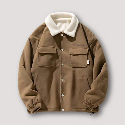 White Sherpa Collar Single Breasted Oversized Corduroy Jacket