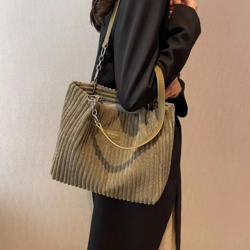 Leather Chain Strap Corduroy Shoulder Tote Bag Women