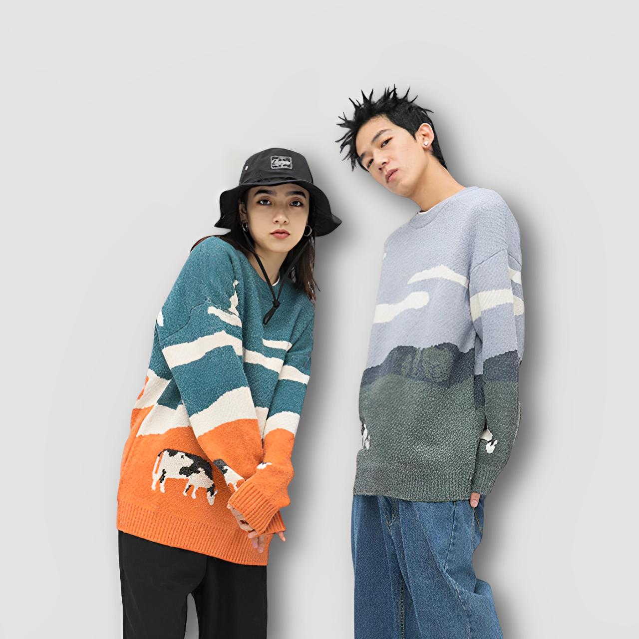 Landscape Cow Farm Graphic Knit Sweater